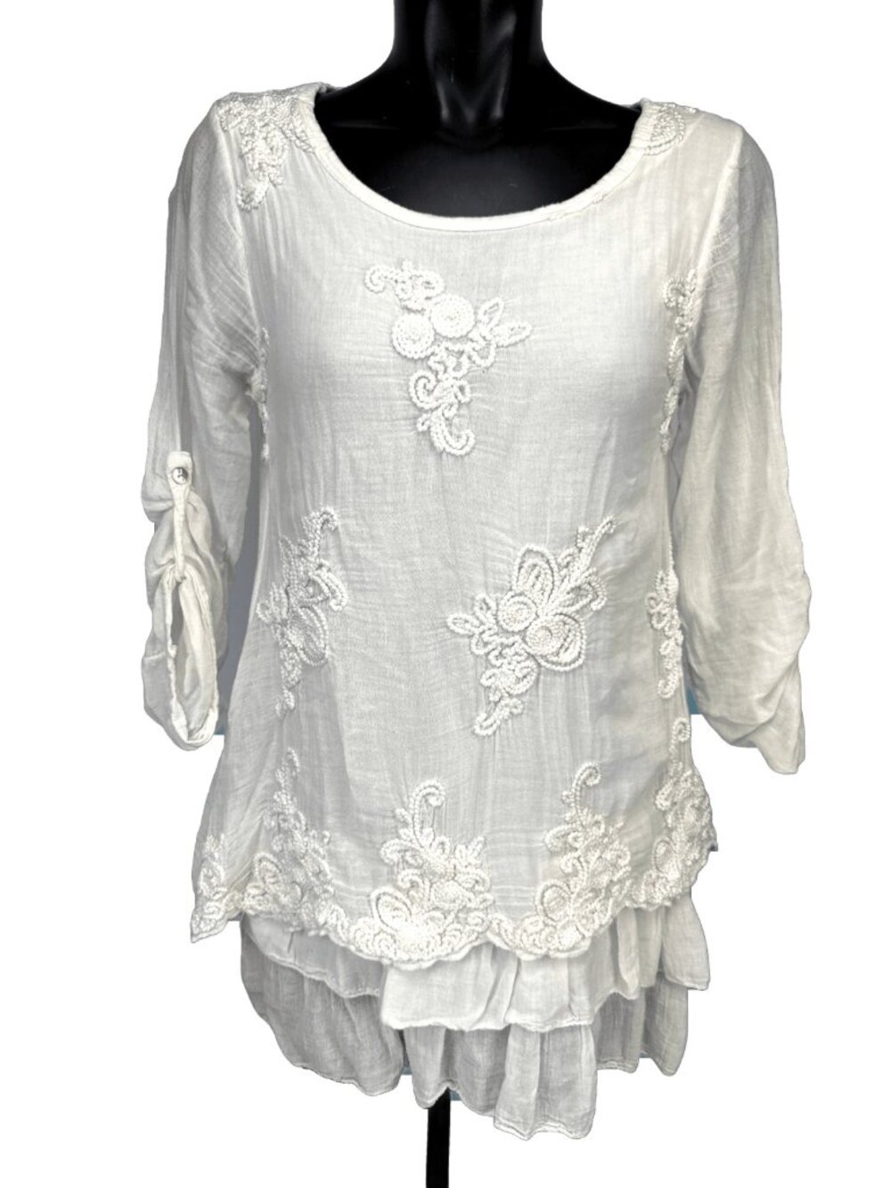 BELLA AMORE 100% Cotton Embroidered Boho Scoop Neck Tunic White Blouse Size S